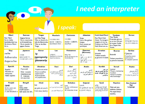 A card saying I need an interpreter and I speak ...